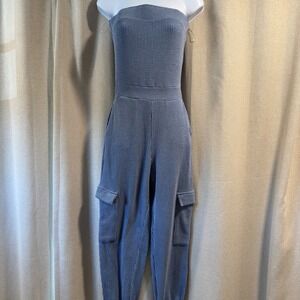 Wasabi+Mint Blue Jumpsuit Strapless‎ Sleeveless Crop Pants Utility Pockets XS